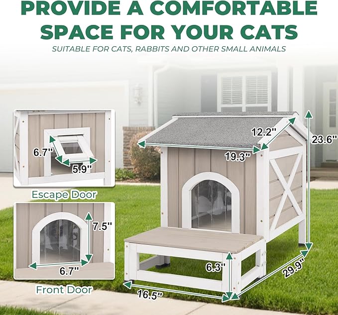 Small Outdoor Cat House Weatherproof, Wooden Cat House with Openable Roof, 2 Doors, Balcony, Outside Indoor Pet Feral Cats Houses Shelter with Elevated Feet for Small Animals, Grey