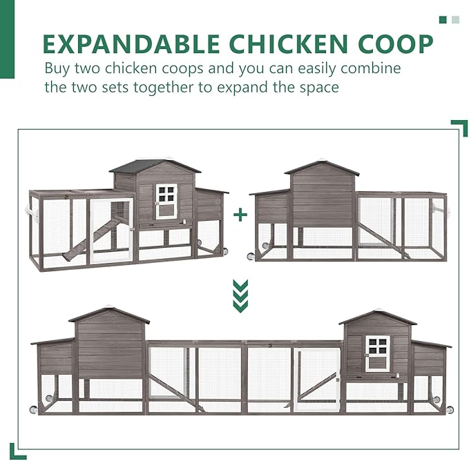 79" L Chicken Coop and Run, Large Chicken Hen House Indoor Outdoor with Wheels, Nesting Boxes, Removable Tray, Two Story Wooden Poultry Cage for Chickens Quails Small Animals(Grey)
