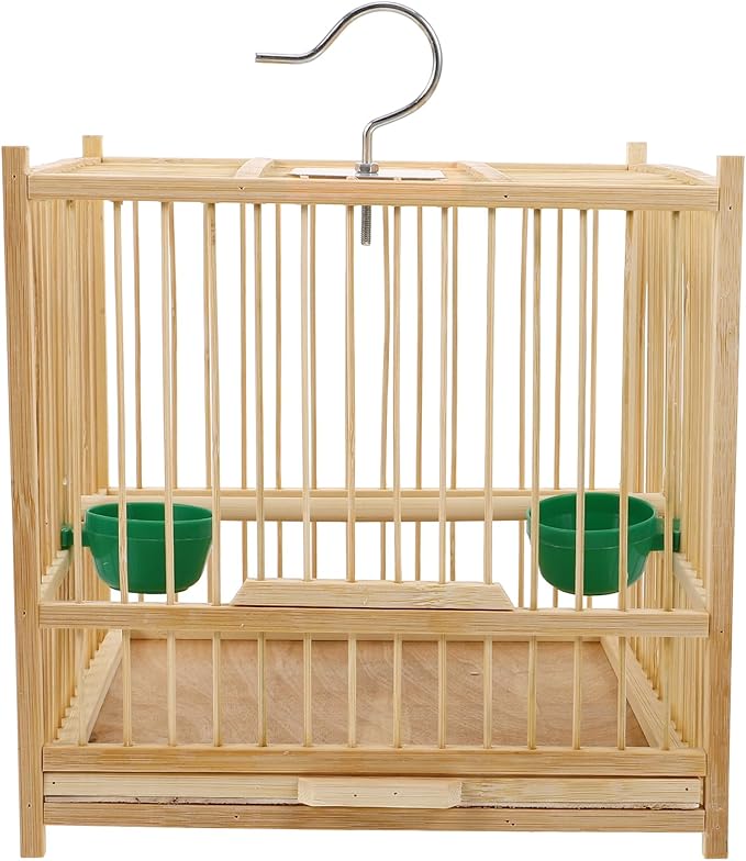 Kisangel 1set Bamboo Bird Cage Small Parrot Cage with Hanging Hook Tray for Retro Travel Budgie Lovebird Cockatiel Parrot,8.06 x 8.06 x 8.06 inches