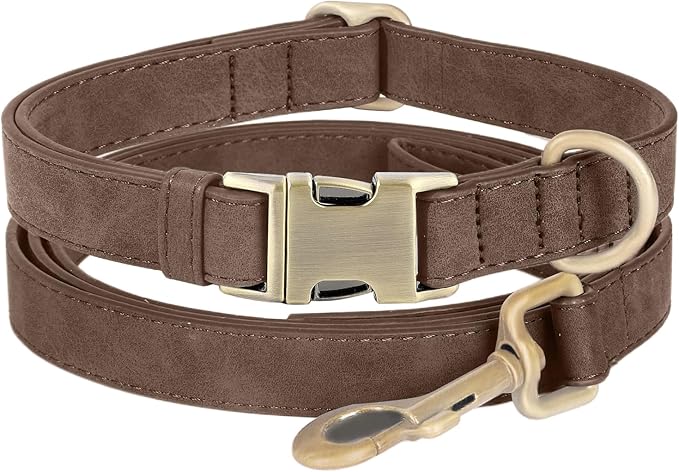 Genuine Leather Dog Collar - Adjustable Pet Collar with Quick Release Metal Buckle, Soft Skin Friendly Real Leather Collar for Small, Medium, Large Dogs (Dark Brown Collar + Rope, M：Fit 12-20" Neck)