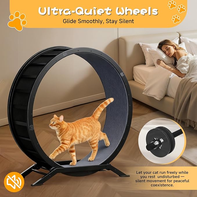 GTPLAYER Cat Wheels, Large Cat Exercise Wheel for Indoor Cats, 40"Diameter cat treadmill Detachable Carpet & Teaser, stickers, Ultra-quiet scroll wheel With latch, Suitable for Most Cats, Metal, Black