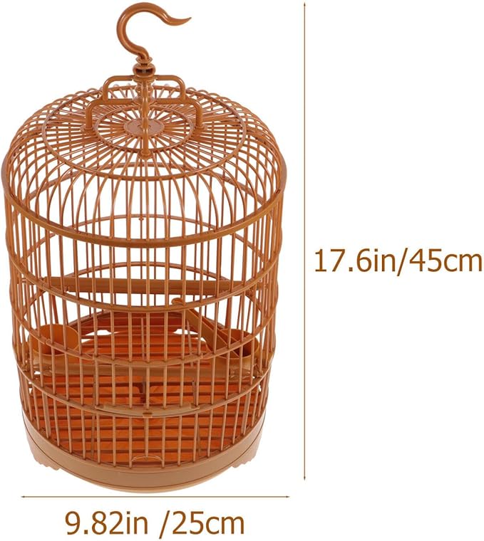 VILLCASE Round Bird Cage for Small Birds, 9.8" X 17.6 “ Plastic Travel Carrier for Parakeets Budgies Finches, Vintage Hanging Style Birdcage Prop with Feeder Cups for Vet Visits & Decor Snap-Fit