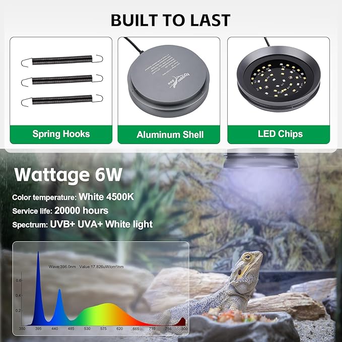 UVB Light for Reptiles with Dimming UVA UVB Reptile Light Fixture with Timer LED UVB Bulb for Bearded Dragon Gecko Turtle Chameleon Lizard Snake Adjustable Brightness Reptile Tank Accessories 6W Grey
