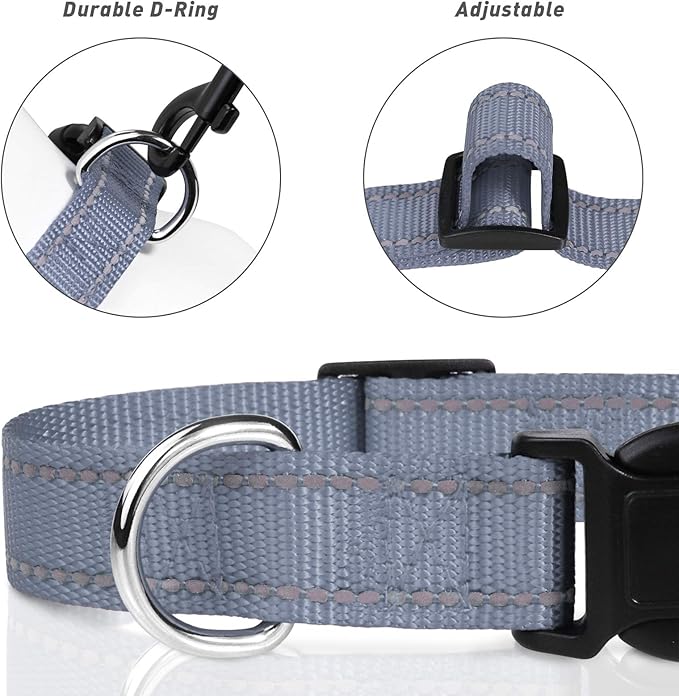 TagME Reflective Nylon Dog Collars, Adjustable Classic Pet Collar with Quick Release Buckle for Small Dogs, Grey, 3/4" Width