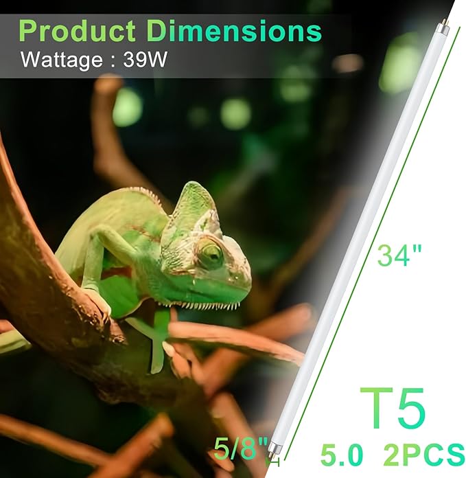 LUCKY HERP 2 Pack T5 UVB 5.0 Reptile Light 39W, UVA UVB Fluorescent Lamp Tube, UVB Lighting Bulb for Turtles, Chameleon, Tortoises, Lizard