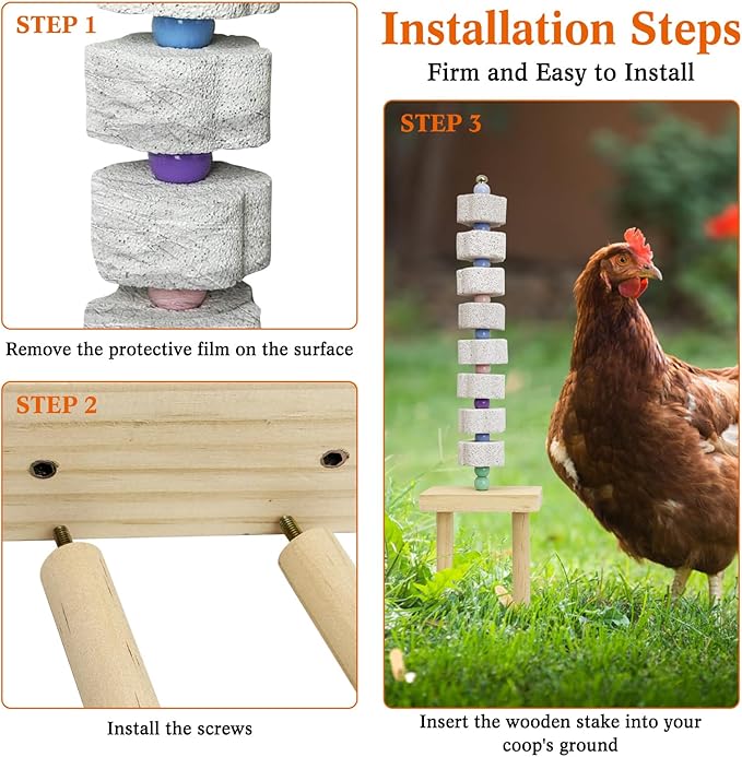 Hamiledyi Chicken Chewing Toy Chicken Coop Accessories with Calcium Stone & Wood Stake Enrichment Toys for Hens, Ducks, Geese, Cockatiel, Parakeet, Parrot, Budgie