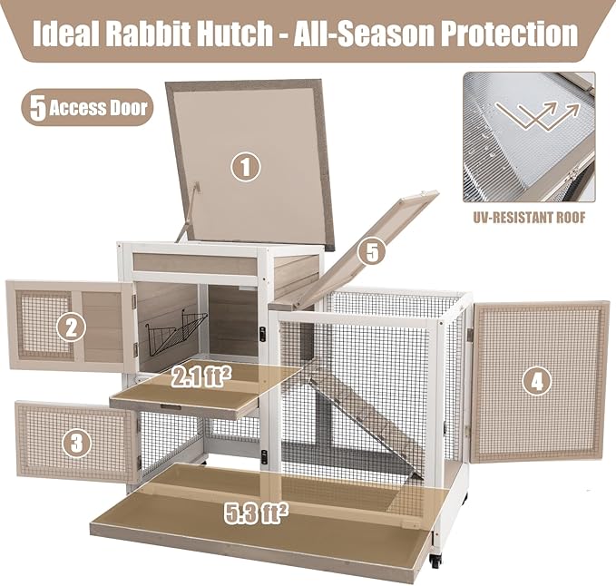 PetsCosset Rabbit Hutch Indoor 40" L Large 2 Story Outdoor Wooden Bunny Hutch with Run, 4 Metal Wheels & 2 Deeper Trays, UV-Proof Panel Rabbit Cage Guinea Pig Pet House for Small-Medium Animals