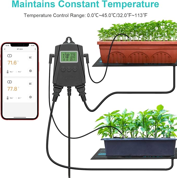 Inkbird WiFi Heat Mat Reptile Thermostat Controller Temperature Controller with 2 Probes and 2 Outlets, IPT-2CH Reptiles Heat Mat Thermostat (Max 250W per Outlet)