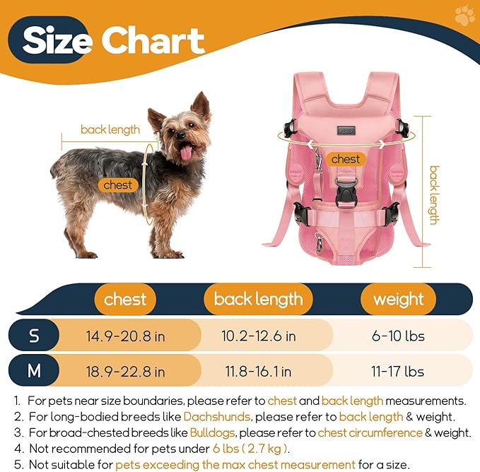 Dog Front Carrier Backpack, Legs Out Secure-Fit Pet Chest Carrier for Small Dogs (6-17 lbs), Adjustable Pet Carriers with Safety Belt, Hands Free Dog Backpack Carriers for Hiking Cycling (S, Pink)