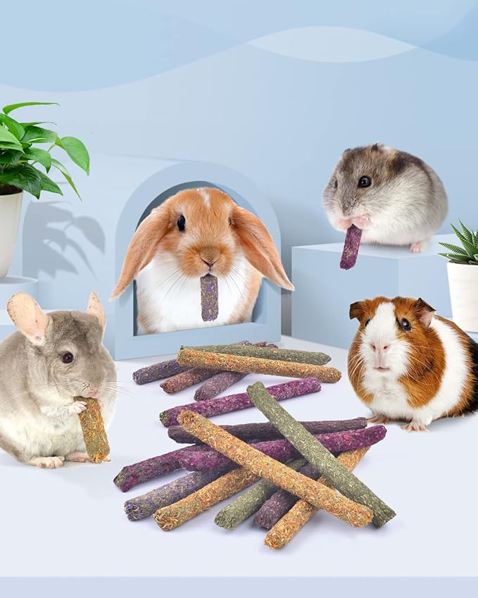 Bissap 36PCS Bunny Chew Sticks, Mixed Natural Timothy Hay Carrot Purple Potato Flowers Rabbit Treats for Bunny Chinchilla Guinea Pig Hamster and Other Small Animals Molar Snack Toy