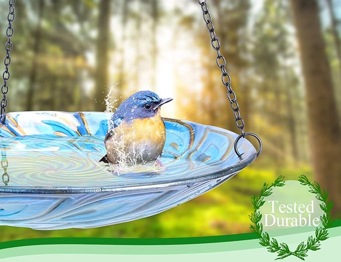 MUMTOP 11 inch Hanging Bird Bath Glass BirdBath Peacock Outdoor Birdfeeder for Garden Yard Decoration