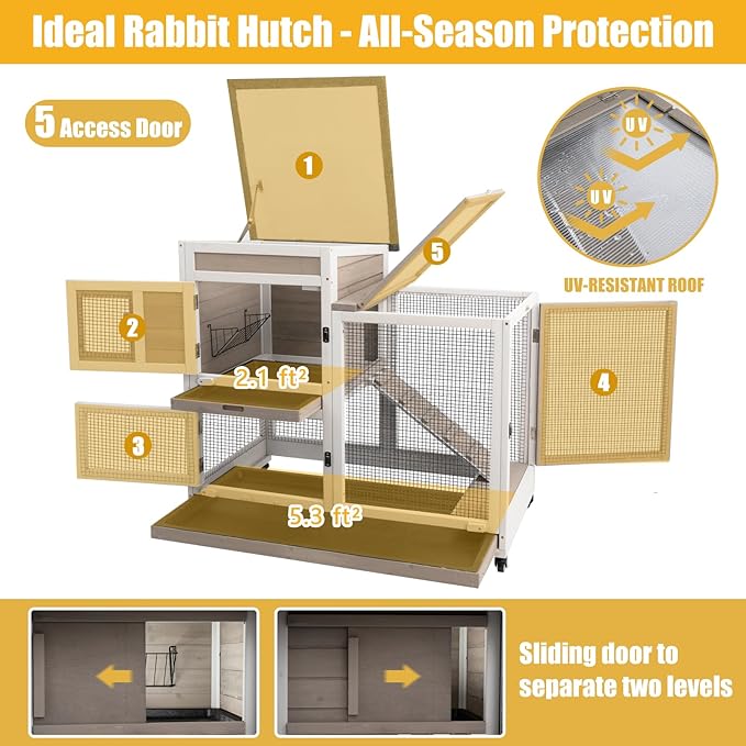 40" L Rabbit Hutch Indoor Wooden Bunny Hutch Outdoor 2 Story Rabbit Cage on Metal Wheels with Run and 2 Deeper Pull Out Trays Guinea Pig Pet House for Small Animals