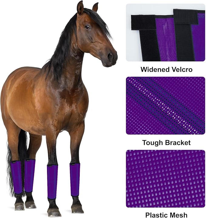 FOXLVDA Horse Fly Boots - Fly Boots for Horses Set of 4, Comfortable Horse Leggings, Mesh Material Design with Metal Support Bars for Reduces Stomping & Leg Fatigue (Purple, Large)