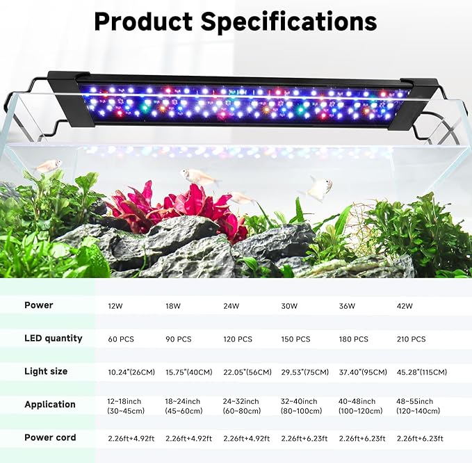 AQQA LED Aquarium Light, 24/7 Mode IP68 Waterproof Extendable Bracket Fish Tank Light, DIY Mode Full Spectrum Aquarium Plant Light, Adjustable Timer/Brightness Memory Function for 12-18 Inch Fish Tank