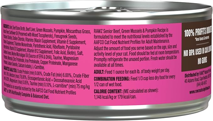 Rawz Natural Premium Pate Canned Cat Wet Food - Made with Real Meat Ingredients No BPA or Gums - 5.5oz Cans 24 Count (Beef & Green Mussels for Seniors)