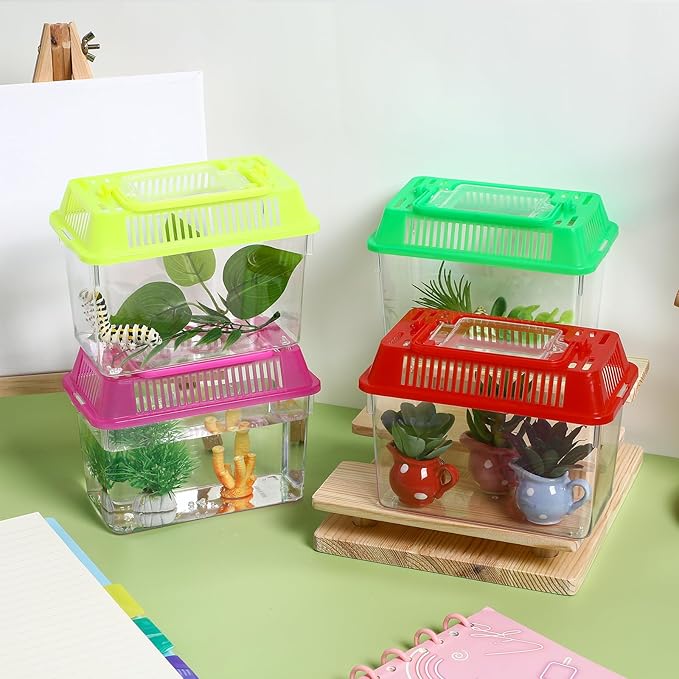 4pcs Mini Portable Fish Tank Plastic Turtle Fish Tank Transparent Pet Breeding Cage Acrylic Reptile Cage Reptiles Feeding Box Hamster Turtle Cage for Small Pets