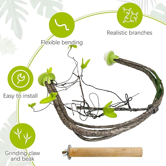 PINVNBY 2 PCS Bendable Bird Perches Simulation Branch Parrot Perch Stand with Green Leaf Hanging Paw Grinding Fork Cage Accessories for Parakeet Budgie Finch Cockatiel Conure (Large)