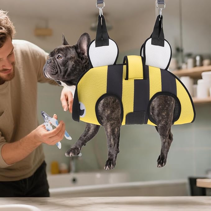 Dog Grooming Hammock for Small Dogs Cats, Cute Bee Design Dog Hanging Harness for Nail Trimming/Clipping, Pet Sling with Grooming Kit and Thick Neck Support & Strap Restraint Claw Care, XS