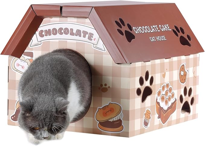 Cardboard Cat House with Scratcher - Chocolate Cake Carton Cat Box - 18''L x 15.5''W x 14''H for Cats up to 20 Lbs, Sturdy Kitty Playhouse & Hideaway - Indoor Feline Scratch Toy