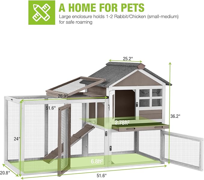 GUTINNEEN 51.6" L Chicken coop Outdoor Rabbit Hutch Indoor Bunny Cage Expandable Duck House(Brown)