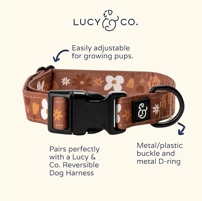 Lucy & Co. Chocolate Meadows Dog Collar - Durable Lightweight Designer Collar for Pets - Adjustable Metal Safety Buckle (Large, Brown & White Floral)
