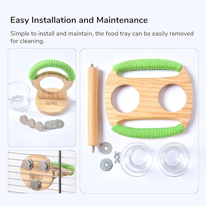 Bird Feeder & Perch – Includes Cotton Rope Perch and Glass Feeding Cup – Cage Accessory for Cockatiels, Budgies, Lovebirds, Conures, Canaries, Finches, and Small Parrots