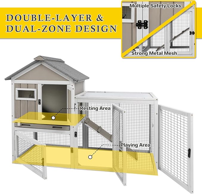 94''L Rabbit Hutch Outdoor Chicken Coop with Run, Wooden Indoor 2 Story Bunny House with Waterproof Roof, Pull Out Tray, Guinea Pig Rabbit Duck Cage for Small to Medium Animals and Pet Lover, Gray