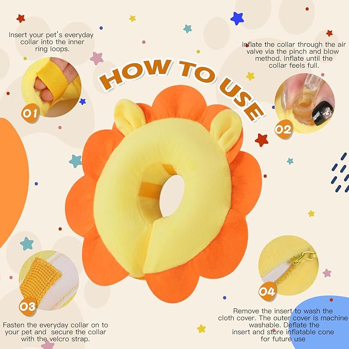 IEUUMLER Inflatable Recovery Dog Collar, Protective Donut Cone, Adjustable Soft Collar for Dog and Cat After Surgery Prevent from Biting & Scratching EU002 - Orange Lion L+
