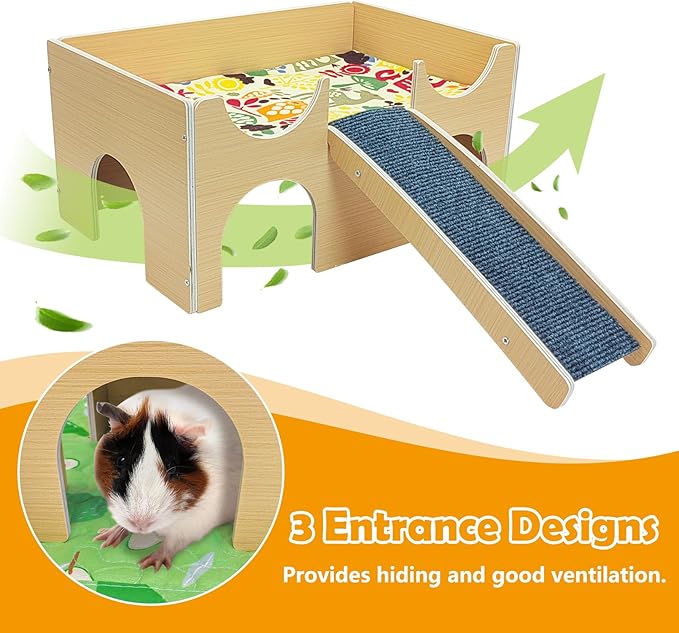 Fhiny Guinea Pig Hideout, Wooden Guinea Pig Castle with Ramp Bridge and Soft Mat Large Small Animal House Piggies Hideaway Hamster Habitat Decor for Chinchilla Hedgehog Squirrel Hamster Gerbil Rat
