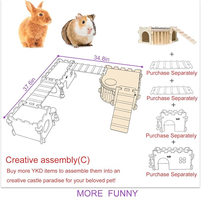 Large Guinea Pig Castle, Natural Wood Rabbit House with Ladder and Hay Feeder, Small Animal Hideout for Rabbit, Guinea Pig, Chinchilla, Hedgehog