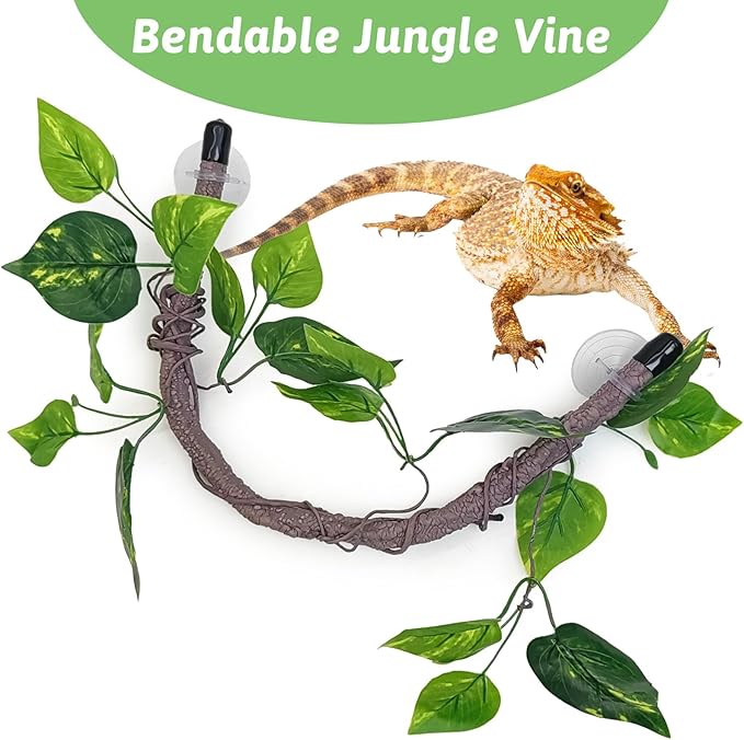 VCEPJH Reptile Climbing Branch Decor 2 Pcs Bendable Jungle Vine with Suction Cup Terrarium Plant Decoration for Gecko Bearded Dragons, Snake,Frogs, Chameleons Cage Accessories (S)
