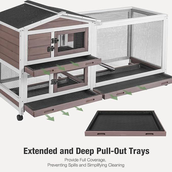 Indoor/Outdoor Rabbit Hutch with Pull-Out Tray, Weatherproof Bunny Cage & Attached Run - Also for Chickens (Brown, L)