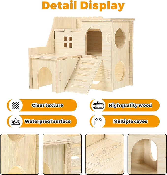 Wooden Dwarf Hamster House, Hamster Tiny House Hideout, Hamster Maze House, Large Balcony Lookout Holes, Easy to Assemble, Detachable Parts, Secure Hideaway, C