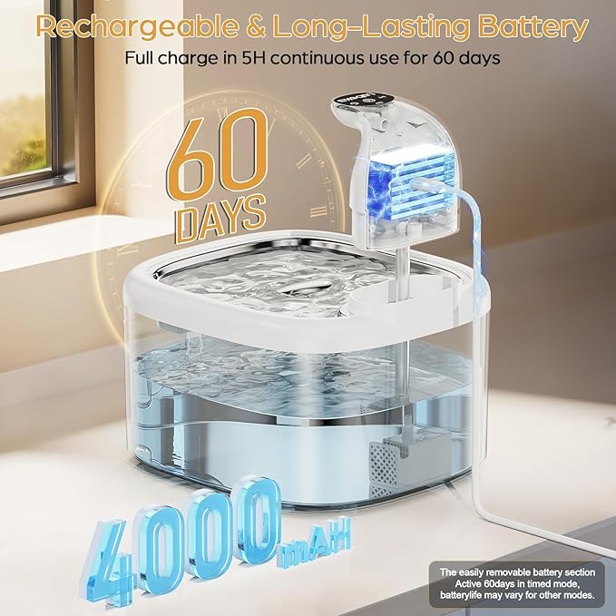 Wireless Cat Water Fountain, 118oz/3.5L Battery Operated Cat Fountain with Stainless Steel Tray, Ultra Quiet with Motion Sensor Automatic Pet Water Dispenser for Cats Dogs Multiple Pets
