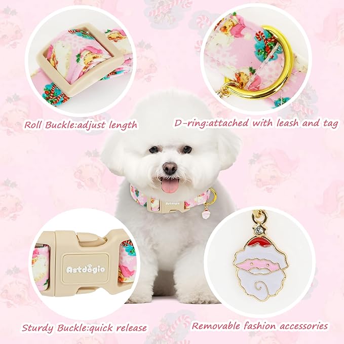 Christmas Dog Collar for Large Dogs, Adjustable Poly-Cotton Fabric Collar with Santa Pattern, Cute Pink Dog Collar for Dogs, Large Dog Collars Girls Dog Collars