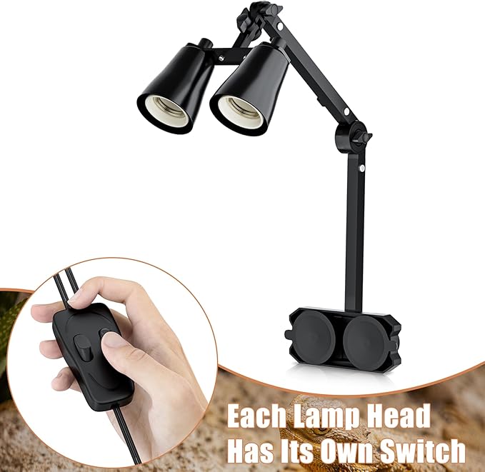Dual Reptile Lamp Stand with Suction Cups, Adjustable Bracket for Terrariums, Dual‑Head Heat & Basking Lamp Holder with Ceramic Sockets and Separate Switches