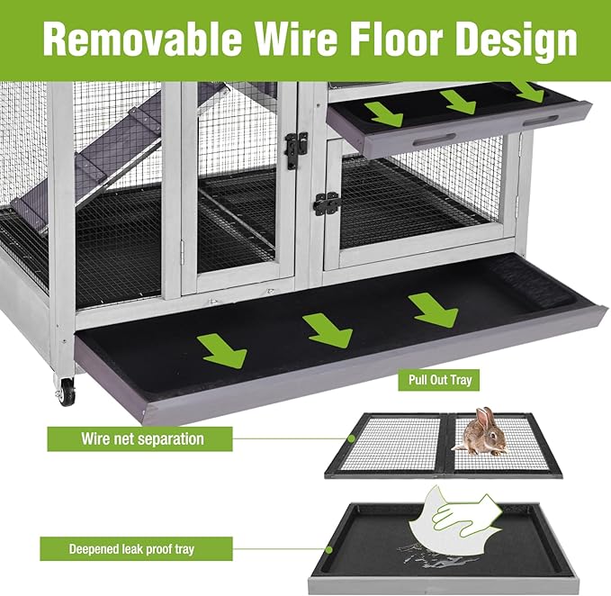 GUTINNEEN 2-Story Rabbit Hutch Bunny Cage with Chew-Proof Ramp & Pull-Out Trays - Indoor/Outdoor 40.6" Wooden Rabbit Cage on Wheels for Rabbits, Guinea Pigs