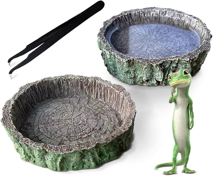 2PCS Reptile Food Water Dish, Tree Stump Feeding Bowl with Tweezers for Leopard Gecko, Lizard, Spider, Scorpion, Chameleon
