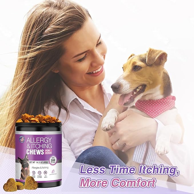 Dog Allergy Chews 200ct - Dog Allergy and Itching Skin Relief Anti Itch Aller Immune Bites for Dogs Licking Paws Treatment Relief Itchy Chew Probiotics Vitamins for Skin and Coat - Peanut Butter