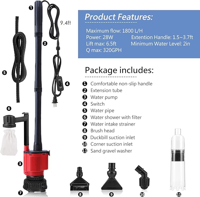Aquarium Gravel Cleaner Siphon Kit, 6 in 1 Automatic Fish Tank Cleaning Tools Electric Removable Vacuum Water Changer for Changing Water/Removing Detritus/Washing Sands