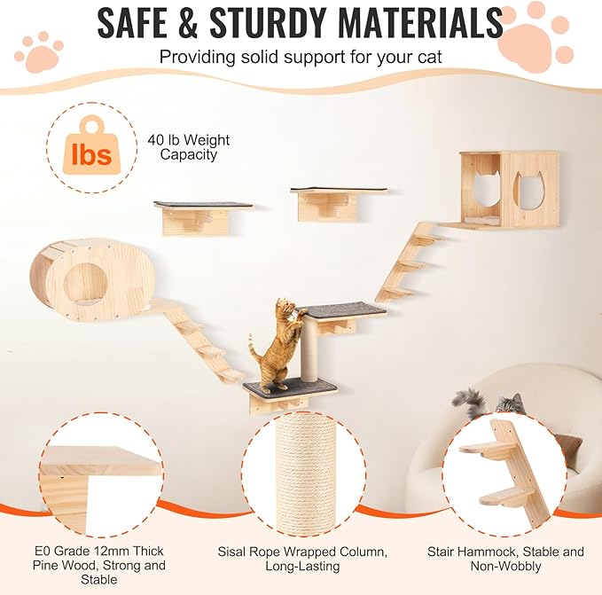 VEVOR Wall Mounted Cat Shelves and Perches with Jumping Boards, Cat Beds, Hammocks & Tree, Up to 40 lbs for Sleeping, Playing, Climbing - Set of 7