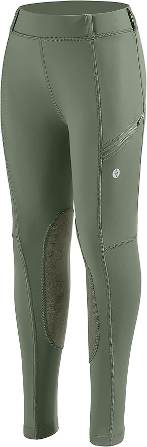SANTINY Girls Horse Riding Pants with Zipper Pockets Kids Stretchy Equestrian Breeches Knee-Patch Youth Schooling Tights