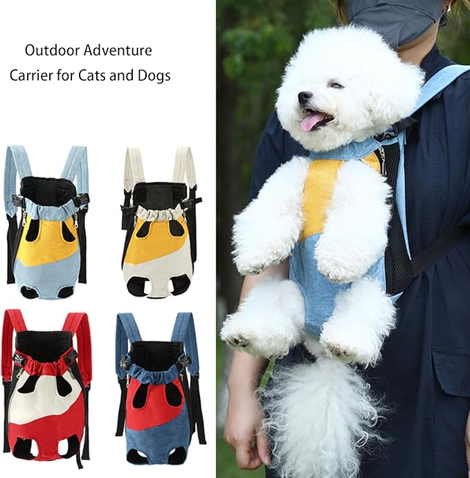 Lightweight Pet Backpack Carrier for Small Dogs & Cats - Easy-Fit Adjustable Straps, Basic Legs-Out Design, Durable for Daily Use (Fits Pets Under 15lb) (Red-Blue Color-Blocked, X-Large)
