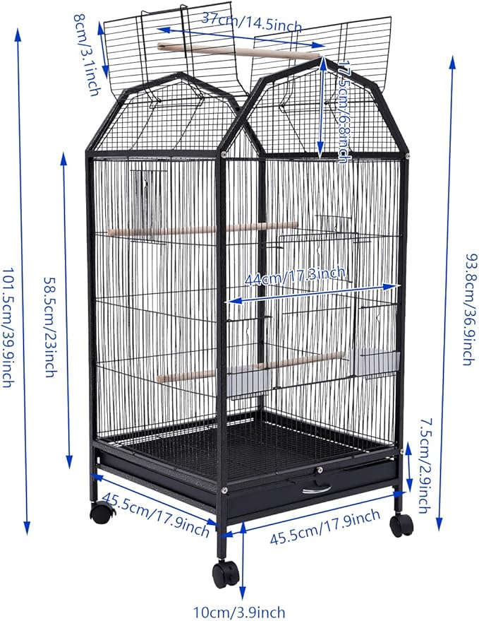Parakeet Bird Cage 36.9 Inch Wrought Iron Flight Bird Cage Pet Bird Flight Cages with 4 Universal Wheels 3 Standing Poles Rolling Stand Bird Playground