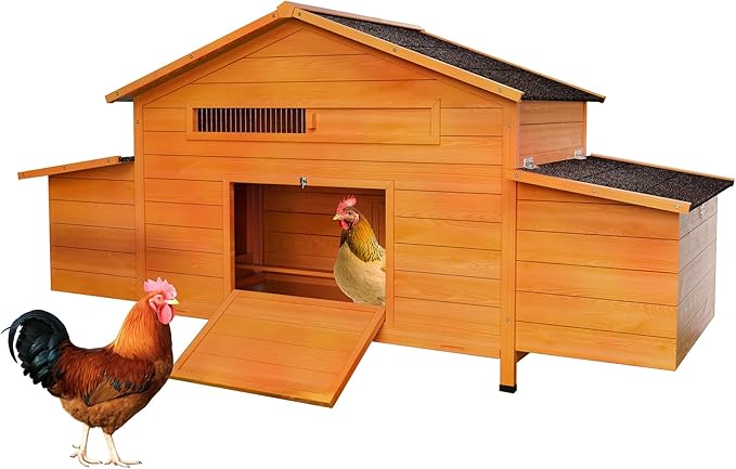 Large Wooden Chicken Coop for 3-4 Chickens – Outdoor Hen House with Nesting Box, Perch, Pull-Out Tray, Waterproof Roof & Predator-Proof Lock, Ventilated Weatherproof Chicken Cage Natural