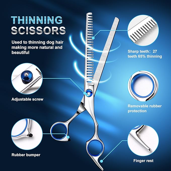 Professional Dog Grooming Scissors Set, 8-in-1 Stainless Steel Pet Grooming Kit with Hair Comb, Nail Clipper & Brush for Dogs, Cats at Home