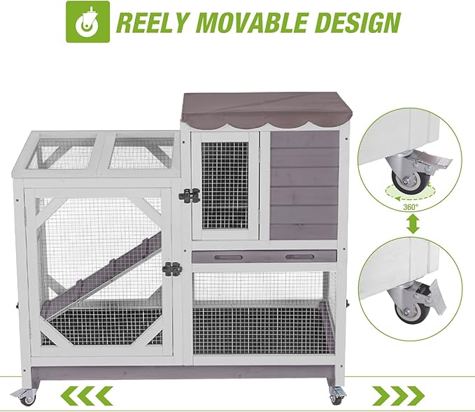 Gutinneen 2-Story Rabbit Hutch Indoor Bunny cage Outdoor Wooden Rabbit Cage House with Chew-Proof Ramp, 2 Leak-Proof Trays, 4 Lockable Wheels for Rabbits, Guinea Pigs, 39.3”L×22”W×36.8”H (Grey)