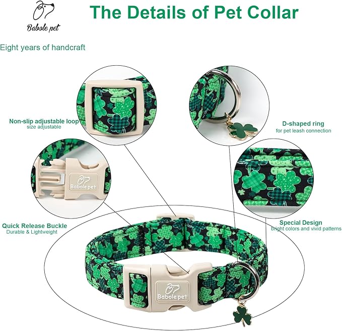 St Patricks Day Dog Collar for Puppy Small Dogs - Green Lucky Clover Dog Collars, Lightweight Adjustable Irish Festival Shamrock Dogs Collars with Quick Release Buckle XS