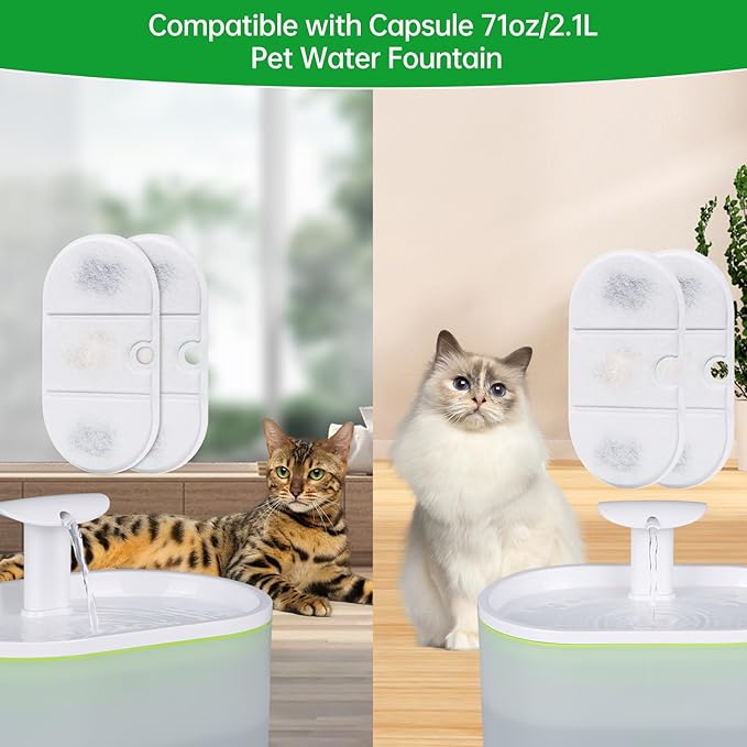 4 Packs Replacement Filters Compatible with Capsule Cat Water Fountain PLWF002, 4 Replacement Filters & 4 Pre-Filter Sponges for 71fl oz/2.1L Ultra Quiet Pet Water Fountain, Cat Water Fountain Filters