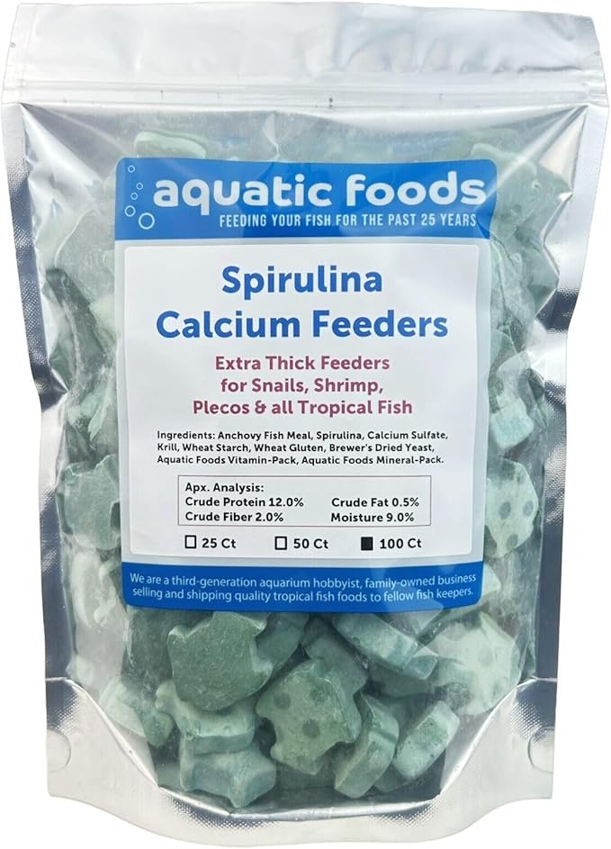 Aquatic Foods Inc. Spirulina Enriched Calcium Feeders for Shrimp, Snails, Crabs, Crayfish, Pleco, Catfish, All Tropical Fish…100 Count Bag